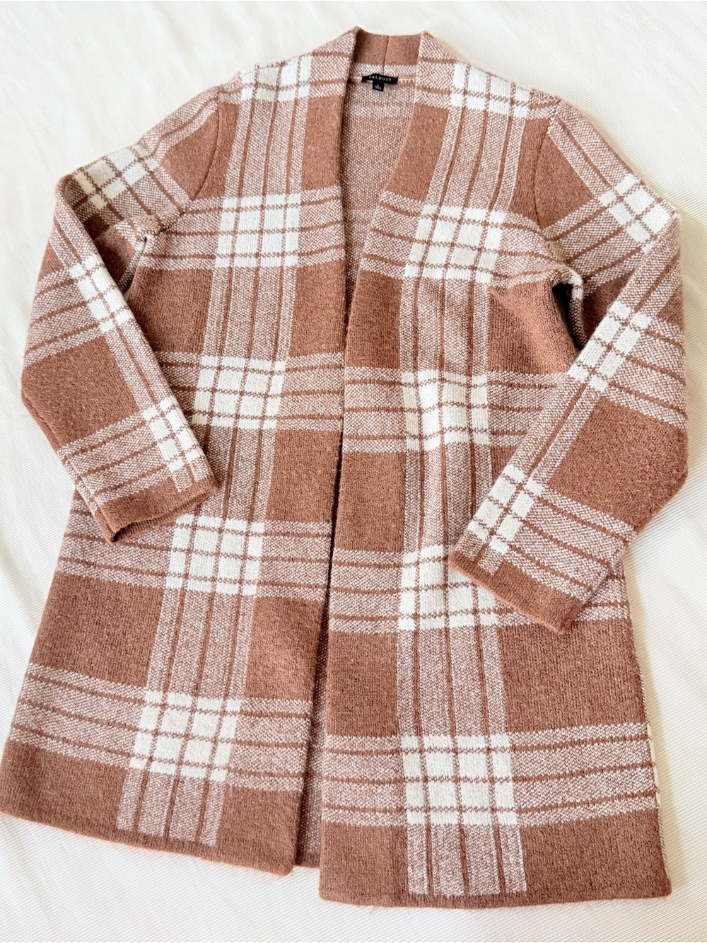 Talbots Women Open Front Sweater Jacket Cardigan Plaid Brown Longsleeve Casual S